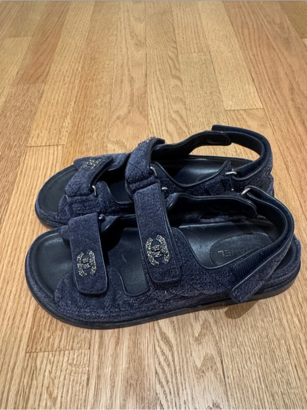 CHANEL Navy Dad Navy Sandals with Logo Hardware size 38